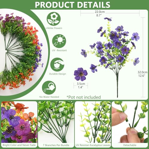 Hommyea Artificial Flowers for Outdoors, 12 Bundles Multicolor Silk Fake Flower for Spring Summer Decoration, UV Resistant No Fade Artificial Outdoor Plants for Home Planter Porch Patio Yard Decor - color: Double Purple,red,orange