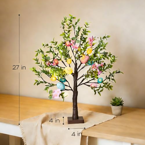 Easter Decoration Set, 27-inch Easters Egg Tree with LED Lights, Perfect for Spring and Easter Decorations, can be Used as a Tabletop Bonsai-Style Illuminated Artificial Tree or a Festive Centerpiece - color: Brown