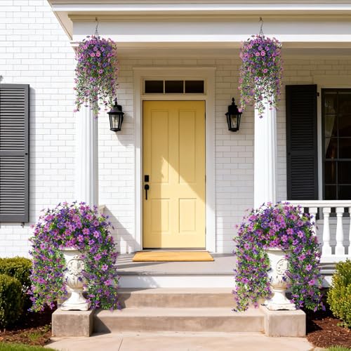 Artificial Hanging Flowers for Outdoors, 2 Pcs Fake Hanging Plant Spring Summer Decor, UV Resistant No Fade Realistic Faux Flower for Front Door Porch Planter Patio Garden Yard(Double Purple) - color: Double Purple