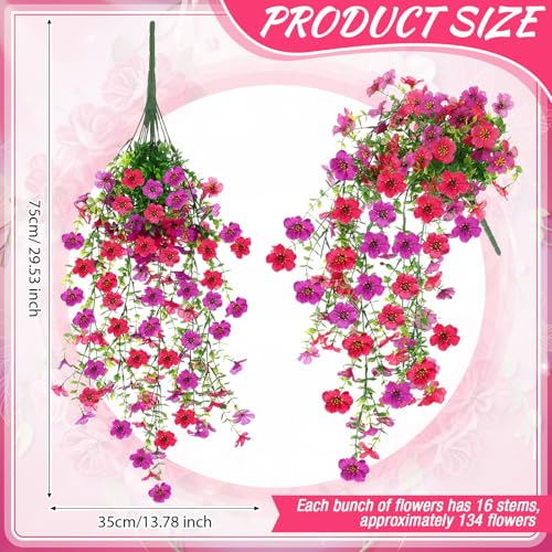 Suncalla 4 Pcs 30In Artificial Hanging Flowers for Outdoor Planter 156 Branches Trailing Faux Potted Plant Fake Floral UV & Fading Resistant for Wedding Patio Spring Summer Decor(Purple,Rose Red) - color: Purple,rose Red