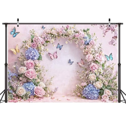 7x5ft Pink Butterfly Floral Backdrop Baby Shower Colorful Flowers Backdrops for Photograph Background Wedding Girl Birthday Table Cake Party Decorations Photo Studio Props - color: Pink03, size: 7X5FT
