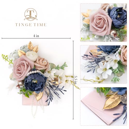TINGE TIME Luxury Groom Boutonniere for Wedding, 1 PCS Pocket Boutonniere for Men, Artificial Corsage for Wedding, Prom, Homecoming, Anniversary, Graduation (DustyRose&NavyBlue) - color: Dusty Rose & Navy Blue
