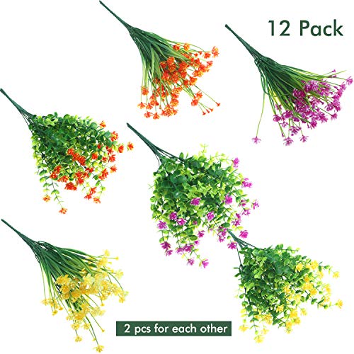 WILLBOND 12 Bundles Artificial Flowers Outdoor, UV Resistant Faux Artificial Plants Shrubs Plastic Flower Bulk for Hanging Planter Porch Window Home Spring Summer Decor(Yellow, Orange, Fuchsia) - color: Yellow, Orange, Fuchsia