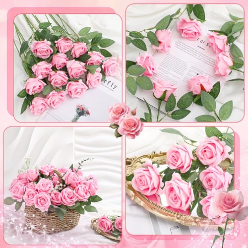 36 Pcs Pink Velvet Texture Soft Artificial Flowers Bridal Bouquet, Real Touch Fake Rose Long Stem Realistic Flowers Bulk for DIY Wedding Ball Arrangement Centerpiece Party Home Decor - color: Pink