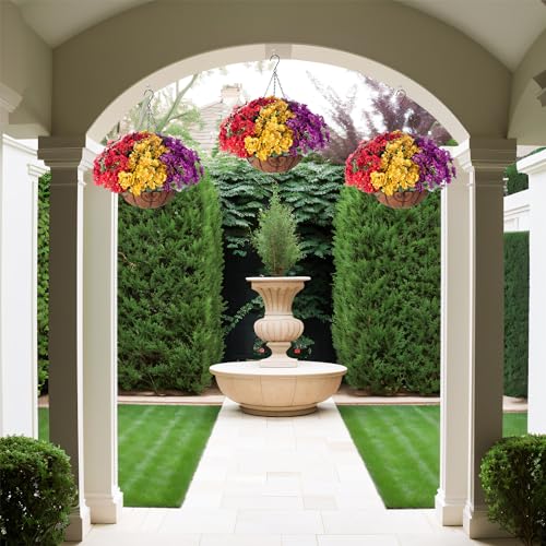 Artificial Fake Hanging Plants Flowers Basket for Spring Outdoor Decoration, Faux Silk Daisy UV Resistant Look Real with Eucalyptus Leaves Summer Decor for Home Patio Garden Outside(Red Purple Yellow) - color: Red Purple Yellow