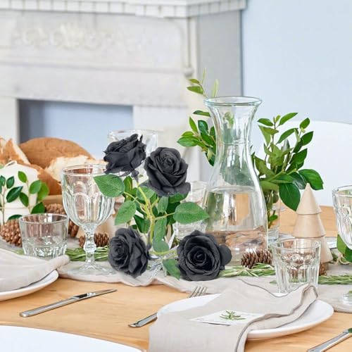 Jasion 12PCS Artificial Roses Realistic Velvet Silk Flowers Long Stem Faux Flowers Bouquet for Wedding Home Party Table Centerpieces Decorations (Black) - color: 12pcs Black