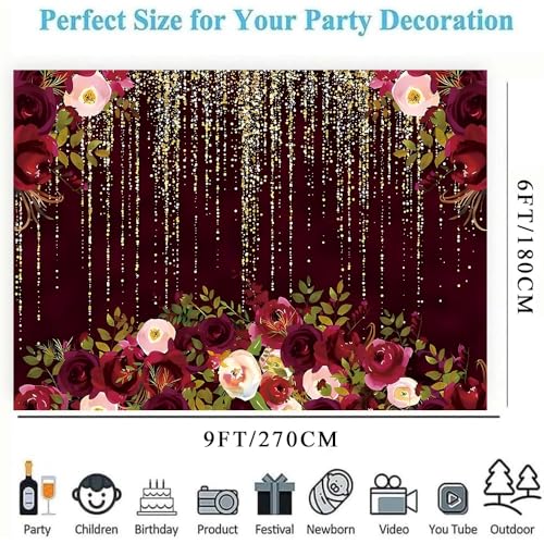 Red Rose Floral Theme Photography Backdrops Luxurious Vintage Red with Gold-Speckled Rose Backdrop Bridal Shower Wedding Anniversary Reception Ceremony Portrait Photo Booth Prop (C, 9 * 6feet) - color: C, size: 9*6feet