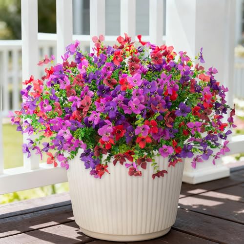 INXUGAO Artificial Flowers for Outdoors Spring Summer Decoration, 12 Bundles Fake Silk Colorful Daisy Eucalyptus Realistic UV Resistant for Outside Home Planter Porch Yard Decor (Purple Red Brown) - color: Purple Red Brown B