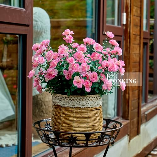 PONKING Artificial Flowers for Outdoors Patio Decoration 6 Bundles Fake Flower Rose UV Resistant Faux Plants Yard Garden Porch Home Boxwood Planter Patio Mothers Day Decor, Pink Flower - color: D Pink Rose 6pcs