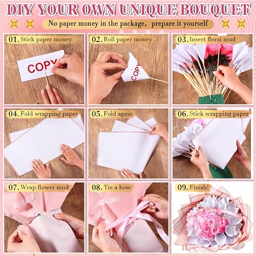Maysing Money Bouquet Kit 12 Pcs Glitter Roses 20 Sheet Flower Wrapping Paper DIY Flower Bouquet Floral Foam Blocks Sticker for Anniversary Birthday Mother's Day Graduation(Pink+rose Pink) - color: Pink+rose pink