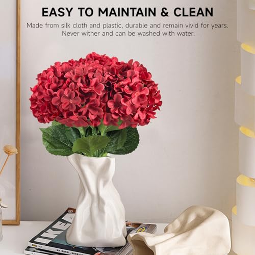 6 PCS Artificial Hydrangea Flowers, Faux Silk Hydrangea with Long Stems, Home Wedding Decor, Table Centerpieces, Party Decorations (Brilliant Red) - color: Brilliant Red
