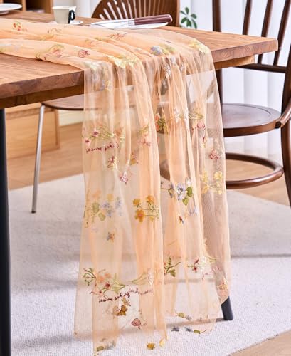 vctops 2 Packs Embroidery Lace Fall Table Runner 10ft Floral Garden Seasonal Tulle Table Runner Holiday Kitchen Dining Table Decoration for Wedding Party Baby Shower Birthday (Orange,30"x120") - color: Orange
