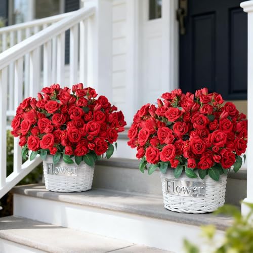 Juxdp 2 Set of Artificial Rose Topiary Trees - Faux Silk Flower Potted Plant, UV Resistant Fake Outdoor Rose Bush for Front Door, Farmhouse, Porch, Garden Decor (Red) - color: Red