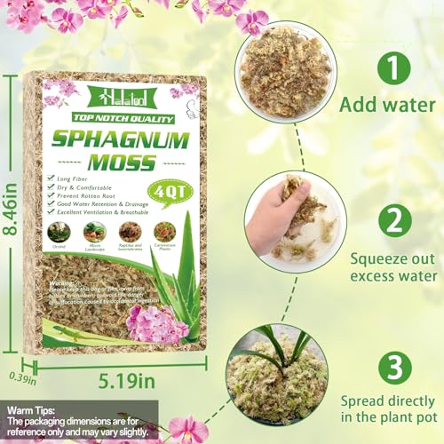 Halatool 3.6OZ Premium Sphagnum Moss for Indoor Plants, 4 QT Orchid Moss Potting Mix - Natural Sphagnum Moss for Succulents, Carnivorous(Sarracenia), Monstera, Terrarium Substrate & Reptile Habitats - size: 4 qt (0.2 lbs)