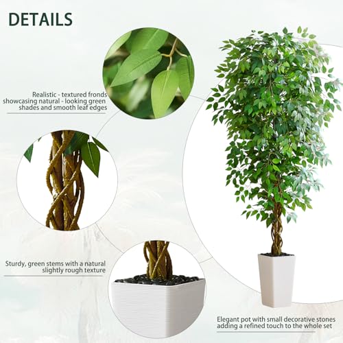 7FT Artificial Ficus Tree, 84 Inch Realistic Faux Silk Ficus Floor Plant with White Planter & Pebbles, Tall Fake Potted Tree for Indoor Home Office Living Room Corner Decor - color: White, size: 7 ft