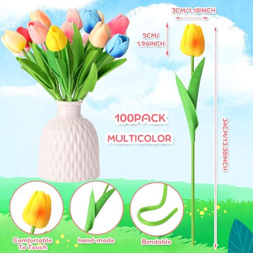 Jexine 100 Pcs Artificial Real Tulips Fake Artificial Tulip Flower Bulk Bouquet with Stem for Table Centerpieces Wedding Bridal Easter Mother's Day Garden Home Decor, 13.4''(Multicolor) - color: Multi Color