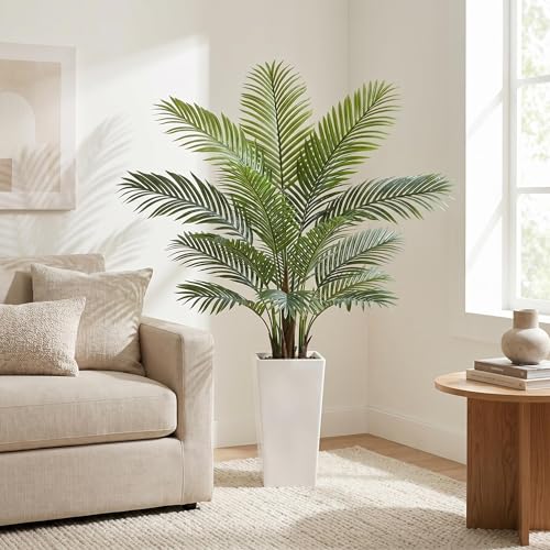 5FT Artificial Palm Tree in Tall White Planter, Realistic Faux Tropical Plant with UV-Resistant Leaves, Maintenance-Free Indoor Outdoor Palm Trees Floor Plant for Patio Home Office Porch Decor