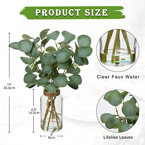 Briful Artificial Eucalyptus Stems in Glass Vase with Faux Water, 14" Fake Plant Eucalyptus Leaves for Home Bathroom Office Farmhouse Wedding Centerpiece Décor - color: Clear