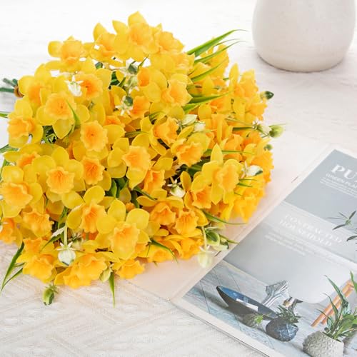 6 Bundles Daffodils Artificial Flowers, 14.2" Faux Daffodils with 90 Flower Heads, Real Touch Fake Spring Flower Yellow Decorative Flowers Bouquet for Home Wedding Centerpieces Vases Arrangement - color: Yellow, size: 6 Bundles-14.2 Inch