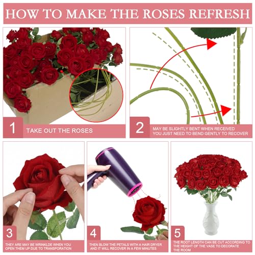 Hananona 50 Pcs Artificial Roses in Bulk, Fake Silk Red Roses Realistic Roses for Wedding Centerpieces Flower Arrangement Home Decor (50, Red) - color: Red