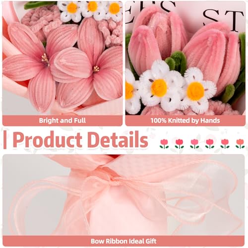 17.7inch Completed Pipe Cleaners Flowers Bouquet, Pink Handmade Pipe Cleaners Bouquet, 2 Tulip 2 Lily 2 Rose 3 Daisy 9 PCS for Valentine’s Day Mother's Day Birthday Anniversary Wedding Home Decor - color: (Pink）tulip Rose Lily