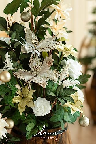 Ling's moment 41" Tall Free Standing Artificial Flowers Arrangements 2 pcs Wedding Arch Altar Stage Decorations Champagne Christmas for Ceremony Reception Rose Floral Party Outdoor Centerpieces Decor - color: Red-christmas Red & Sparkle