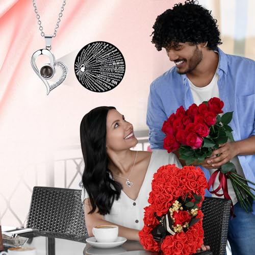 Gifts for Women Rose Bear with Bouquet and I Love You Necklace in 100 Languages, Birthday Mother’s Day Anniversary Valentines Gifts for Girlfriend Mom Wife Daughter - color: Rose Red