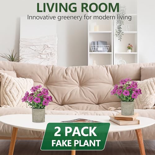 2 Pack Small Fake Plants Potted Artificial Plants Artificial Flowers Potted Faux Flower Daisy with Eucalyptus Leaves for Home Decor Office Room Farmhouse Indoor Table Bathroom Decor（Purple） - color: Purple