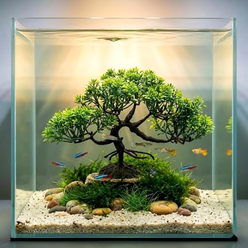 LOGOFUN 4 Pcs Aquarium Bonsai Tree Decorations Deep Green | Artificial Water Plant for Aquariums Fish Tank Gardens Micro Landscapes Decorations