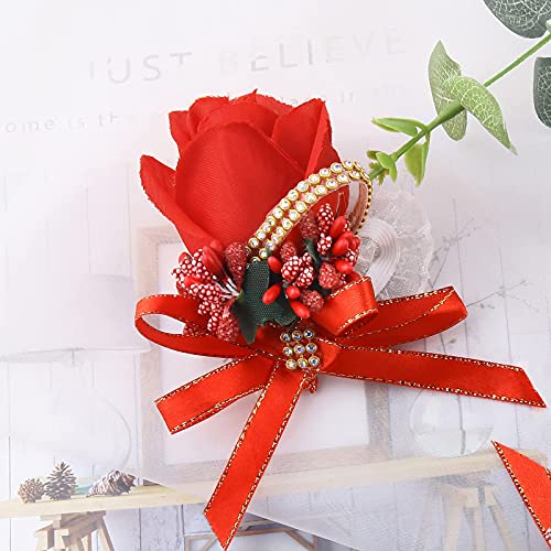 Wrist Corsage 4 Packs Wedding Bridal Wrist Flower Rose Wristband Corsage for Bride Bridesmaid Perfect for Wedding, Prom, Party (4 Packs, Wrist Flower-Red) - color: Corsage-red, size: 4 Packs