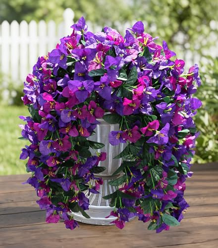 HyeFlora Bougainvillea Artificial Hanging Flowers Plants for Outdoors Decoration, 2pcs Fake Flowers Silk Bougainvillea Vines Realistic UV Resistant Faux Flowers for Outdoor Planters Porch Patio, Mix - color: Purple + Fuchsia