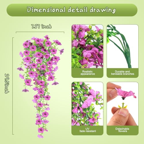 Artificial Hanging Flowers for Outdoors, 6PCS Faux Silk Artificial Flowers for Outdoors, UV Resistant Fake Flowers, No Fade Trailing Greenery, Decor for Home Porch Patio Balcony Garden Yard - color: Purple