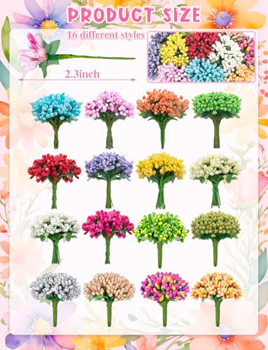 192 Pcs Premium Artificial Flower Stamens for Crafts, 16 Colored Heads Floral Stamens for Flower Making, Tiny Fake Flower Wire Stems for DIY Wedding Bouquets, Scrapbooking, and Plant Embellishment