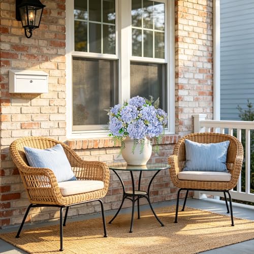 Ammyoo 8 Pcs Artificial Hydrangea Flowers Silk Blue Fake Flower with Eucalyptus for Outdoor Decorations UV Resistant Realistic Faux Plants for Garden Porch Window Box Indoor Table Decor - color: Blue
