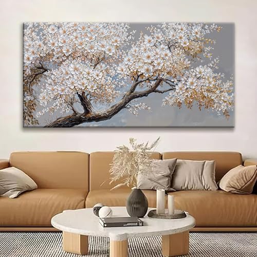 Large Wall Art Decor Modern White Flowers On Tree Artwork Prints Decor Ready To Hang Canvas Wall Art For Living Room Office Bedroom Wall Decor Kitchen 29x58 Inch - color: White Brown, size: 58"L x 29"W