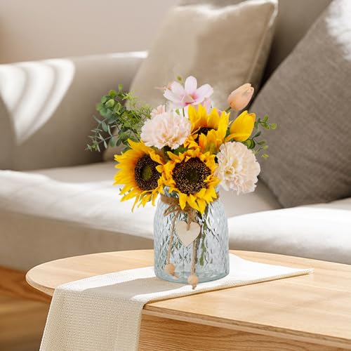 Leftover Fake Flowers in Vase, Artificial Sunflower Bouquets with Flower Arrangement Holder, Table Centerpieces for Dining Room, Faux Silk Sunflowers, Carnations and Tulips Arrangement - color: Pink