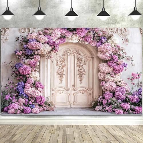 7X5ft Flower Backdrop Purple Floral Arch Retro Door Photography Backdrops Modern Interior European Style Wall Decoration Wedding Portrait Background Studio Photo Booth Props - color: Multi3, size: 7X5ft