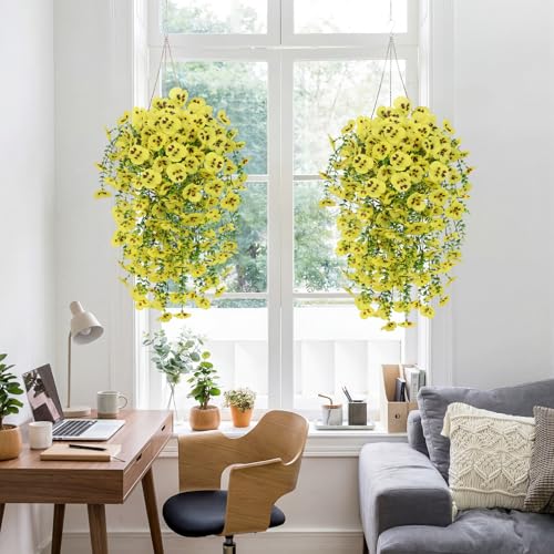 Yellow Artificial Hanging Flowers for Outdoors, 4 PCS 29.5in UV Resistant Faux Outdoor Hanging Plants Pansy Flowers Fake Cascading Floral Vines for Porch Patio Balcony Pergola - color: Yellow