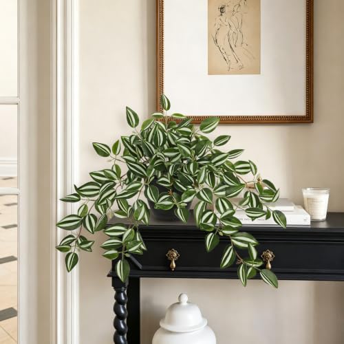 Briful Artificial Potted Plant Indoor, 19.6" Faux Watermelon Peperomia Trailing Plant in Black Pot, Realistic Fake Plants with Cascading Green Leaves for Cabinet Shelf Bathroom Office Desk Home Decor - color: White Green Stripe
