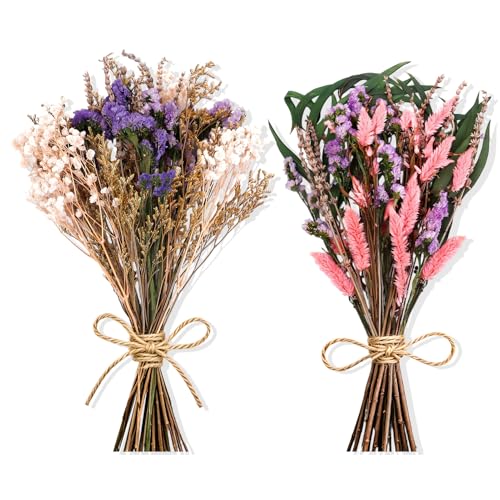 2 Pack Large Dried Flower Bouquets 15.7 inch Lavender Baby Breath Forget Me Not Boho Wedding Decor DIY Home Decorations Preserved Floral Arrangement Gifts Purple, Pink - color: Purple, Pink