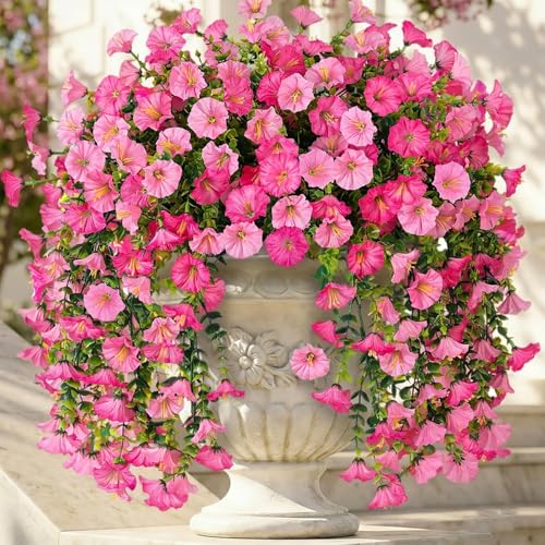 Ivydale 2 PCS Artificial Hanging Flowers Fake Plants Outdoor,Silk Morning Glory Faux Flowers with Eucalyptus Leaves,UV Resistant Realistic Hanging Plants for Home Garden Decor (Pink+Light Pink) - color: Pink+light Pink