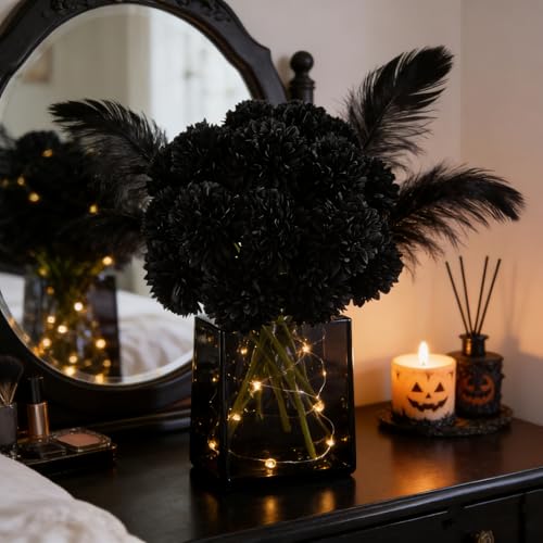Kimura's Cabin 20Pcs Black Chrysanthemums Artificial Flowers Silk Fake Mums with Stem Ball Flower for Gothic Home Decor Halloween Arrangement Table Centerpiece - color: Black
