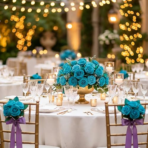 30pcs Real Looking Lake Blue Foam Artificial Roses with Stems, Fake Rose Flowers for DIY Wedding Bouquets Bridal Shower Centerpieces Home Party Valentine's Day Mother's Day Decor Gift - color: 30pcs Lake Blue