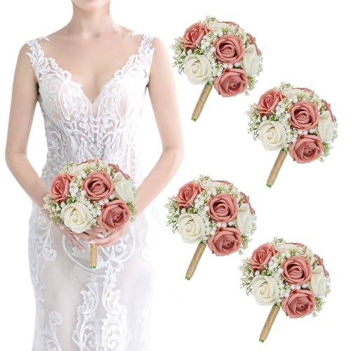 Artificial Bridesmaid Bouquets Set of 4 for Wedding-7 inch Pink Flowers Bouquets for Bridesmaids, Faux Rose Gypsophila Rustic Small Floral Bouquet Fake Boho Wedding Party Ceremony Anniversary Decor - color: Dusty Pink, size: Set of 4 Bridesmaid Bouquets