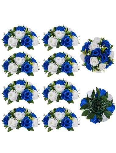 Flower Balls Wedding Rose Centerpieces: 10 Pcs Fake Flowers Royal Blue&White Kissing Balls Decor Artificial Floral Arrangements Flower Bouquet of Roses Home Party Table DIY Decorations - color: Royal Blue White