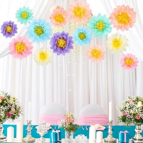 BestoFun 14 PCS Pastel Tissue Paper Flowers – Party Decorations for Birthday, Baby Shower, Wedding, Bridal Shower, and Spring or Holiday Events - color: Pastel
