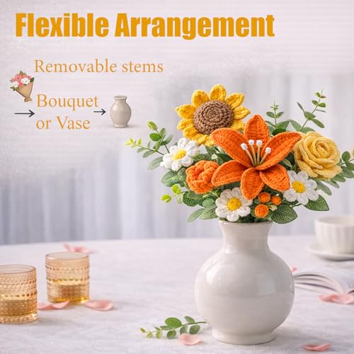 Handmade Crochet Flower Bouquet, Pink Rose & Carnation Knitted Flowers, Gift For Girlfriend, Birthday, Anniversary, Mother’s Day, Wedding Or Graduation (Includes Card) (Orange) - color: Orange