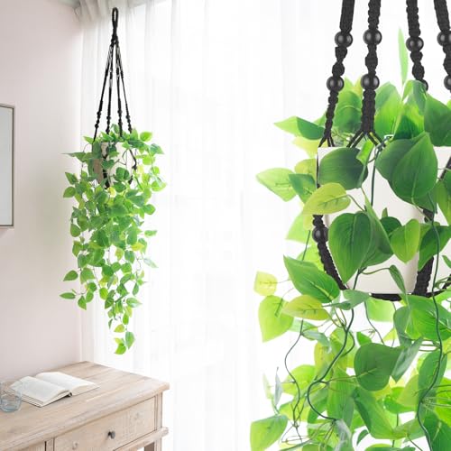 Mkono Fake Hanging Plant with Pot, Artificial Plants for Home Decor Indoor Macrame Plant Hanger with Fake Vines Faux Hanging Planter Greenery for Bedroom Bathroom Kitchen Office Decor (1, Black) - color: Black