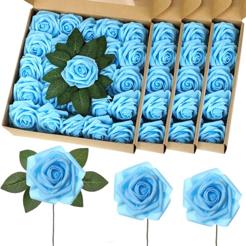100 Pcs Artificial Foam Rose Flower Faux Bouquet Wedding Fake Rose Gift for Mother's Day Women DIY Bridal Shower Party Table Birthday Home Spring Decor (Light Blue) - color: Light Blue