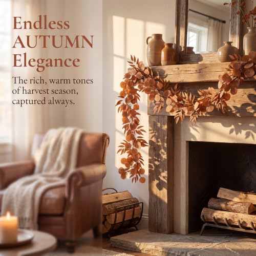 GREENTIME 2 Pack 6.5Ft Fake Brown Greenery Garlands Orange Eucalyptus Willow Garland for Rustic Wedding Arch Swag Doorways Table Runner Staircase Fireplace Chair Home Party Decoration - color: Orange-2